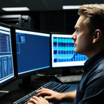 A focused professional male IT engineer in a modest, dark business casual shirt, sitting at a desk in a dimly lit, modern server room late at night. He is intensely looking at multiple computer monitors displaying complex server logs and network diagrams, with a phone held to his ear, conveying a sense of urgency and problem-solving. The server racks are visible in the background, subtly lit. This scene captures a critical incident, highlighting the need for immediate and expert human support. fully clothed, appropriate attire, professional dress, safe for work, appropriate content, professional, perfect anatomy, correct proportions, natural pose, well-formed hands, proper finger count, natural body proportions, high-resolution, sharp focus, realistic photography.