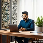 데이터 스토리지 솔루션 비교 - A modern workspace scene featuring a professional Middle Eastern man using a high-performance SSD de...