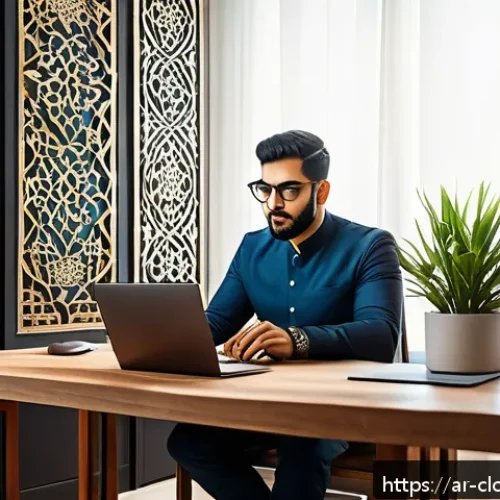 데이터 스토리지 솔루션 비교 - A modern workspace scene featuring a professional Middle Eastern man using a high-performance SSD de...