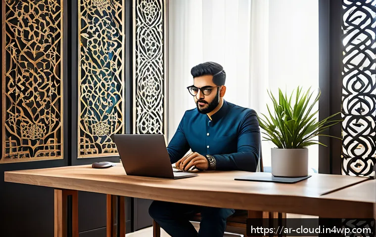 데이터 스토리지 솔루션 비교 - A modern workspace scene featuring a professional Middle Eastern man using a high-performance SSD de...
