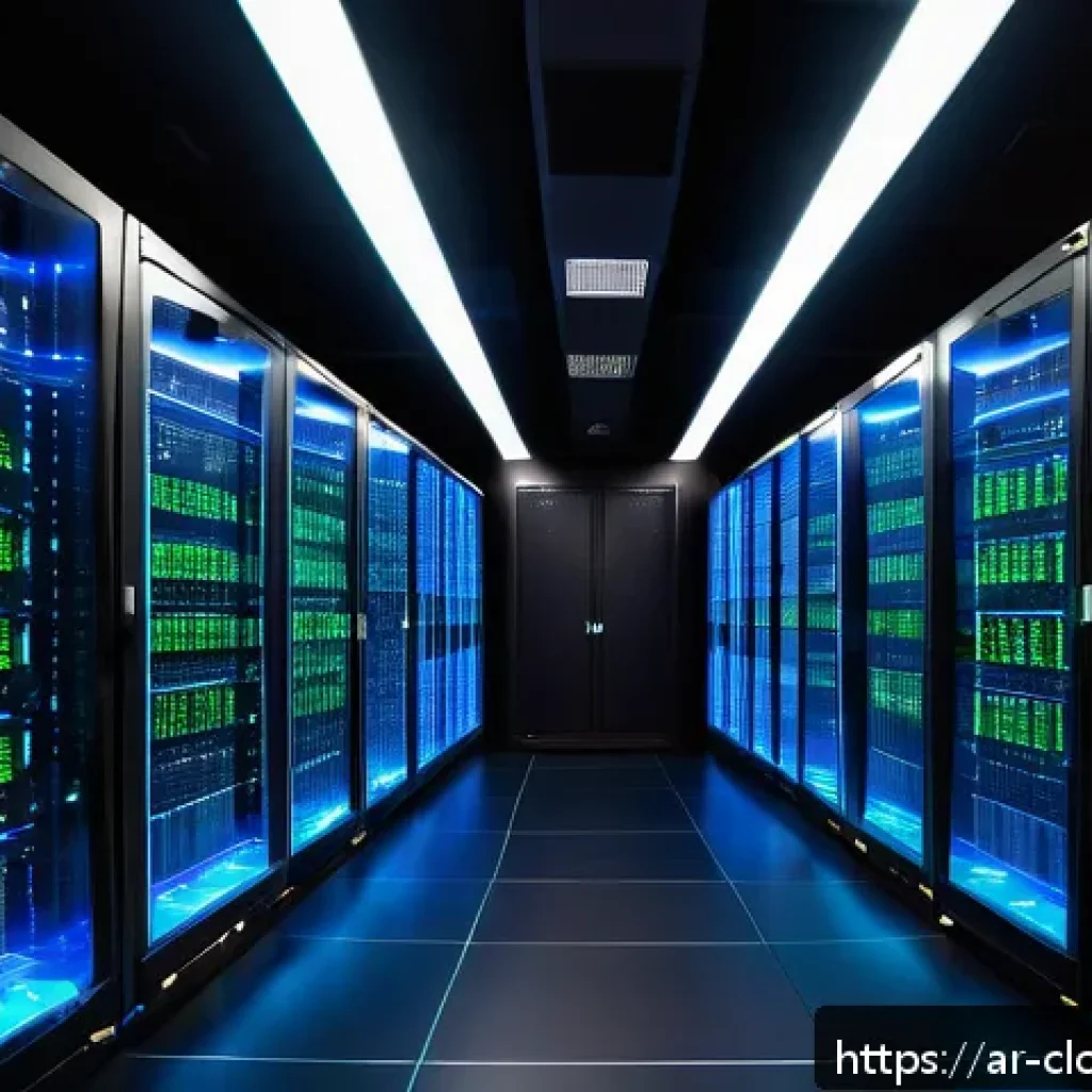 클라우드 서비스와 전통 IT 인프라 비교 - A modern cloud computing data center with sleek racks of servers glowing with blue and green LED lig...