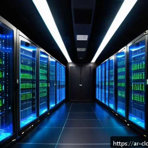클라우드 서비스와 전통 IT 인프라 비교 - A modern cloud computing data center with sleek racks of servers glowing with blue and green LED lig...