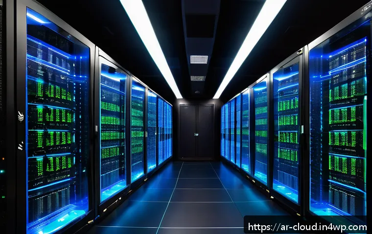 클라우드 서비스와 전통 IT 인프라 비교 - A modern cloud computing data center with sleek racks of servers glowing with blue and green LED lig...