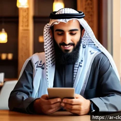 클라우드 컴퓨팅과 모바일 활용 사례 - A professional Arab man in traditional attire (thobe and keffiyeh) sitting comfortably in a modern c...