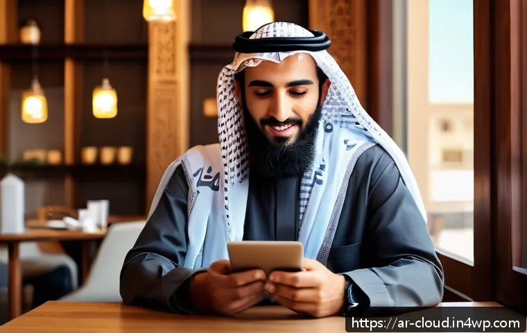 클라우드 컴퓨팅과 모바일 활용 사례 - A professional Arab man in traditional attire (thobe and keffiyeh) sitting comfortably in a modern c...