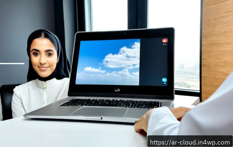 Home 15 클라우드 서비스의 커뮤니케이션 기술 비교 - Photorealistic modern office in Dubai, an Arab businesswoman in modest professional attire comparing...